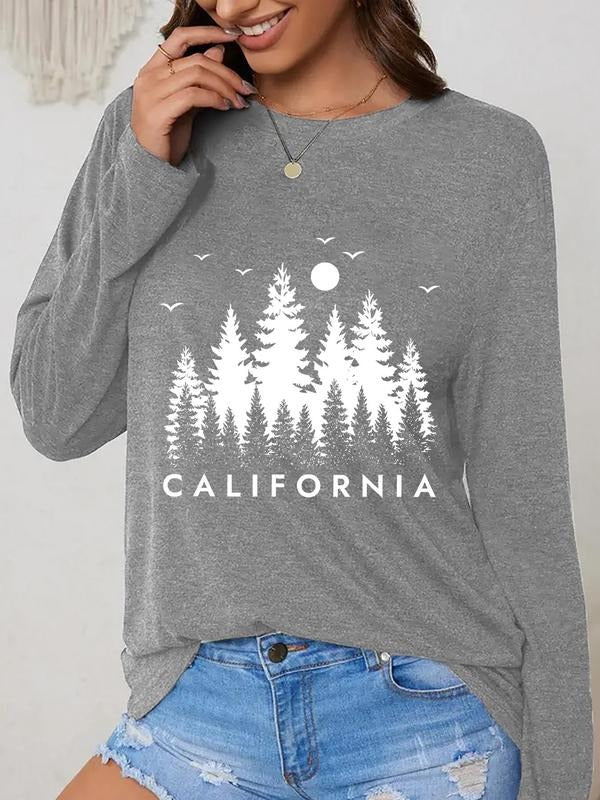 Women'WB shield Letter & Forest Print Round Neck Tee, Casual Long Sleeve Crew Neck Top for Daily Wear, Ladies TNF for...