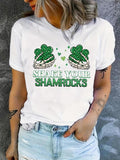 Women'WB shield Letter & Four-leaf Clover & Skeleton Hand Print Round Neck Tee, Fashion Short Sleeve T-shirt for Daily...