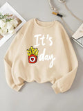 Women'WB shield Letter & French Fries Print TNF Lined Sweatshirt, Casual Long Sleeve Round Neck Pullover for Daily Wear,...