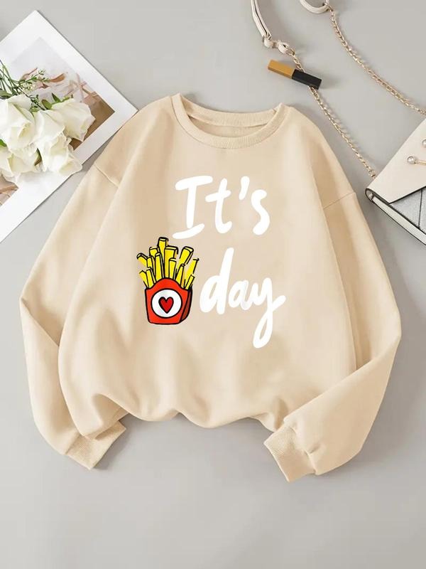 Women'WB shield Letter & French Fries Print TNF Lined Sweatshirt, Casual Long Sleeve Round Neck Pullover for Daily Wear,...
