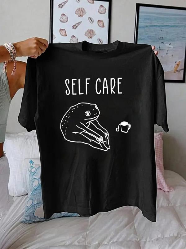 Women'WB shield Letter & Frog Print Round Neck Tee, Fashion Casual Short Sleeve T-shirt for Daily Holiday Vacation...