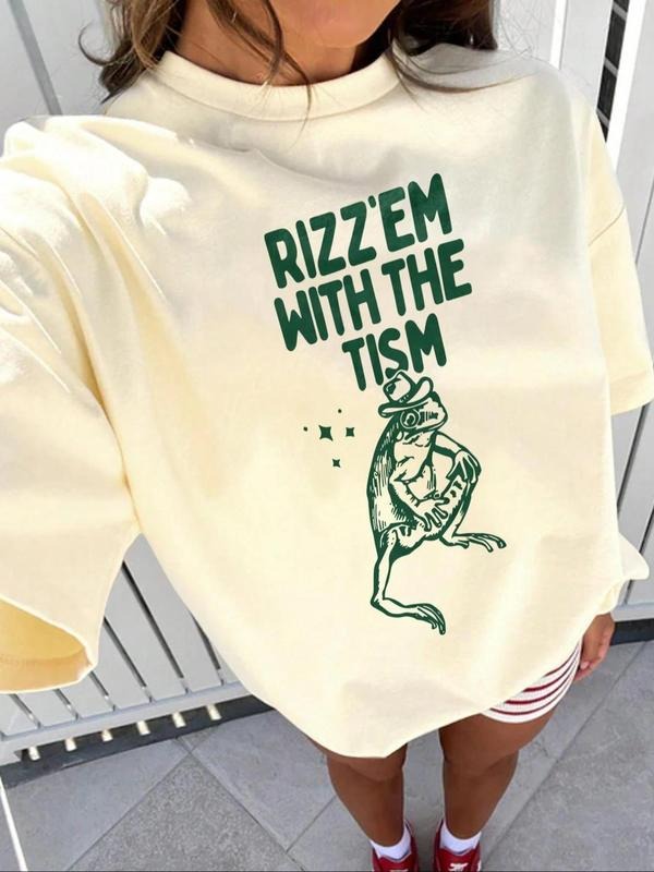 Women'WB shield Letter & Frog Print Round Neck Tee, Vintage Trendy Casual Short Sleeve T-shirt for Daily Wear, Ladies...