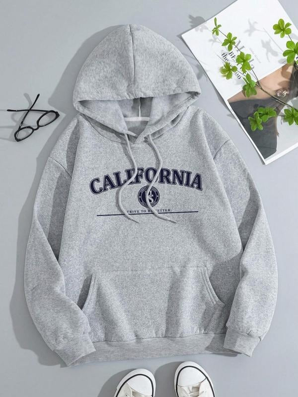 Women'WB shield Letter & Geometric Print Drawstring Pocket Hoodie, Casual Long Sleeve Hooded Sweatshirt for Fall &...