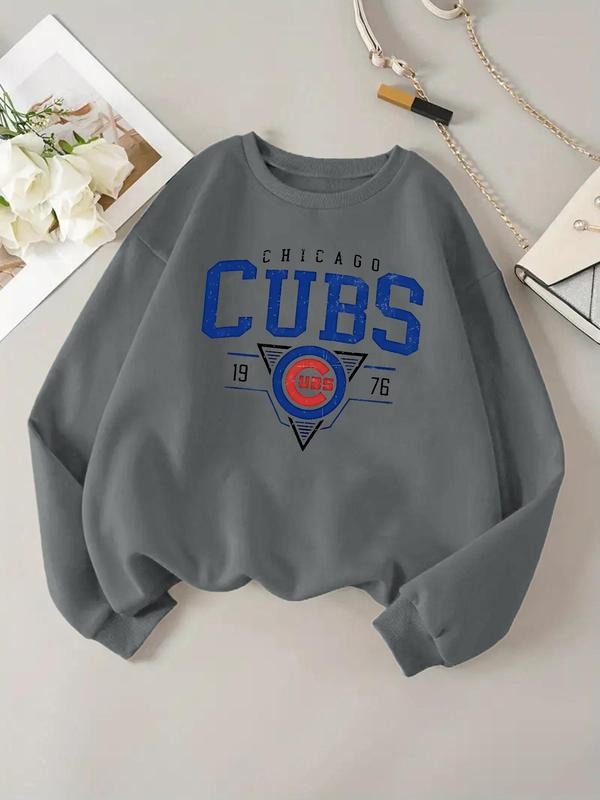 Women'WB shield Letter & Geometric Print Drop Shoulder Sweatshirt, Casual Long Sleeve Round Neck Pullover for Daily Wear,...