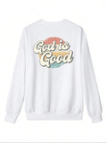 Women'WB shield Letter & Geometric Print Drop Shoulder Sweatshirt, Casual Long Sleeve Round Neck Pullover for Fall &...