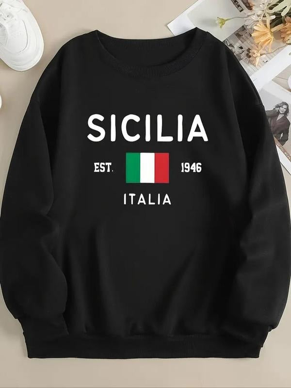 Women'WB shield Letter & Geometric Print Drop Shoulder TNF Lined Sweatshirt, Casual Long Sleeve Round Neck Pullover for...