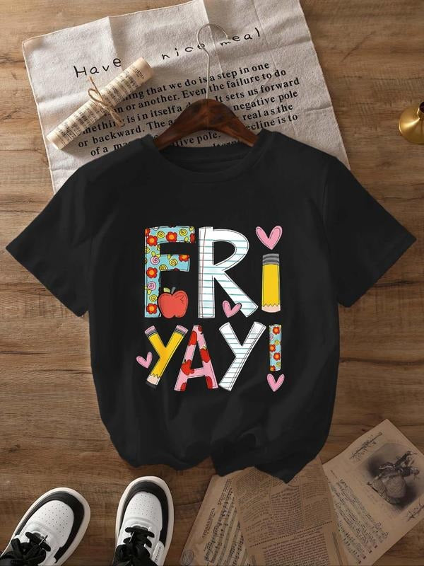 Women'WB shield Letter & Geometric Print Round Neck Tee, Fashion Casual Crew Neck T-Shirt for Daily Holiday Vacation...