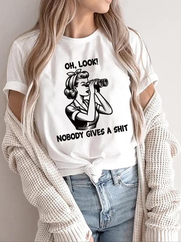 Women'WB shield Letter & Geometric Print Round Neck Tee, Vintage Trendy Casual Short Sleeve T-shirt for Daily Wear,...