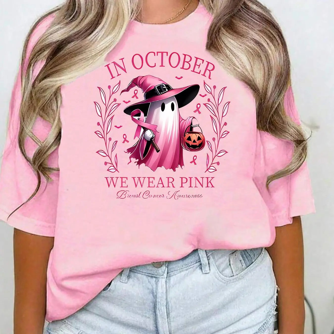 Women'WB shield Letter & Ghost Print Drop Shoulder Tee, Casual Halloween TNF Half Sleeve Round Neck T-shirt for Summer,...