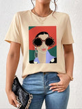 Women'WB shield Letter & Girl Print Round Neck Tee, Vintage Trendy Casual Short Sleeve T-shirt for Daily Wear, Ladies...