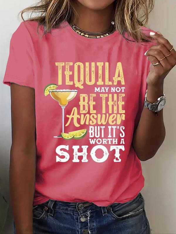 Women'WB shield Letter & Goblet Print Round Neck Tee, Casual Crew Neck Short Sleeve T-Shirt, Ladies Summer Outfit for...