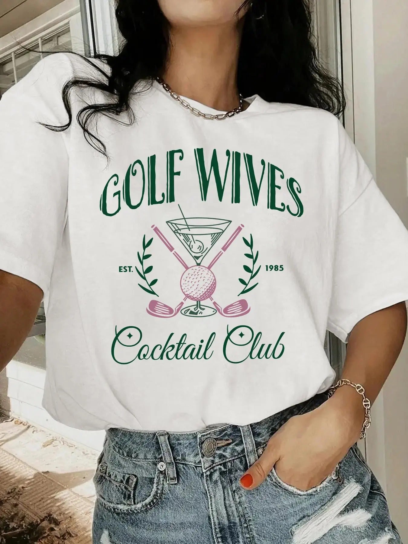 Women'WB shield Letter & Golf Print Drop Shoulder Tee, Casual Short Sleeve Round Neck T-Shirt for Summer, Ladies TNF for...