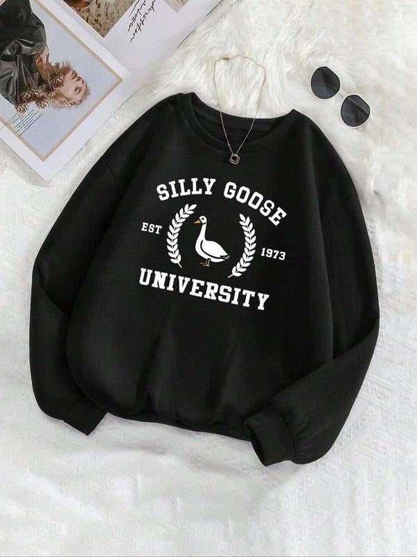 Women'WB shield Letter & Goose Print Crew Neck Sweatshirt, Casual Long Sleeve Pullover Sweatshirts for Fall & Winter,...