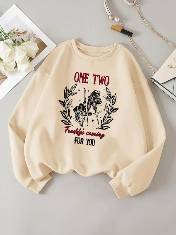 Women'WB shield Letter & Graphic Print Drop Shoulder Sweatshirt, Casual Long Sleeve Round Neck Pullover for Daily Wear,...