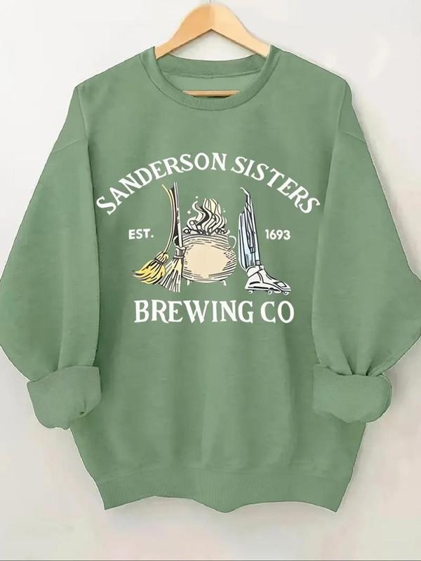 Women'WB shield Letter & Graphic Print Drop Shoulder Sweatshirt, Casual Long Sleeve Round Neck Pullover for Fall &...
