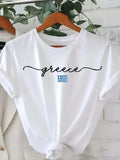 Women'WB shield Letter & Greece Flag Print Round Neck Tee, Casual Short Sleeve T-shirt for Summer, Ladies TNF for Daily...