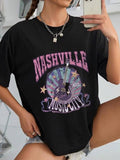 Women'WB shield Letter & Guitar Print Drop Shoulder Tee, Summer TNF Women Casual Short Sleeve Round Neck T-Shirt for...