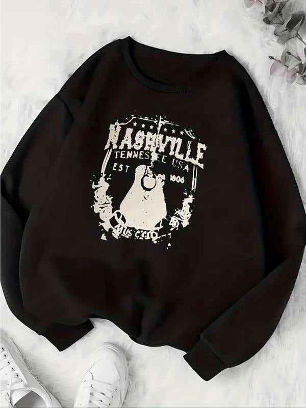 Women'WB shield Letter & Guitar Print Round Neck Pullover, Casual Long Sleeve Crew Neck Sweatshirt for Fall & Winter,...