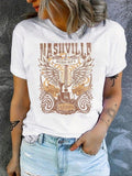 Women'WB shield Letter & Guitar Print Round Neck Tee, Trendy Casual Crew Neck Short Sleeve T-shirt for Daily Wear, Ladies...