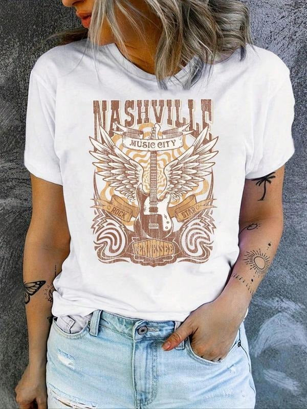 Women'WB shield Letter & Guitar Print Round Neck Tee, Trendy Casual Crew Neck Short Sleeve T-shirt for Daily Wear, Ladies...