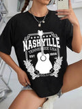 Women'WB shield Letter & Guitar Print Round Neck Tee, Vintage Trendy Casual Graphic Drop Shoulder Short Sleeve T-shirt...