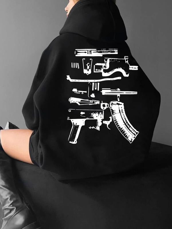 Women'WB shield Letter & Gun Print Drawstring Pocket Hoodie, Casual Drop Shoulder Long Sleeve Hooded Sweatshirt, Ladies...