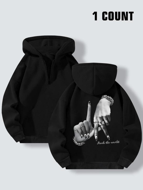 Women'WB shield Letter & Hand Print Half Zip Hoodie, Fashion Casual Long Sleeve Hooded Sweatshirt for Daily Holiday...