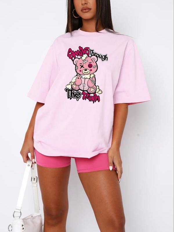 Women'WB shield Letter & Hand Print Round Neck Drop Shoulder Tee, Fashion Casual Half Sleeve T-shirt for Daily Outdoor...