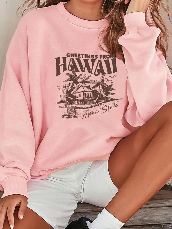 Women'WB shield Letter & Hawaii Print Round Neck Pullover, Casual Long Sleeve Crew Neck Sweatshirt for Fall & Winter,...