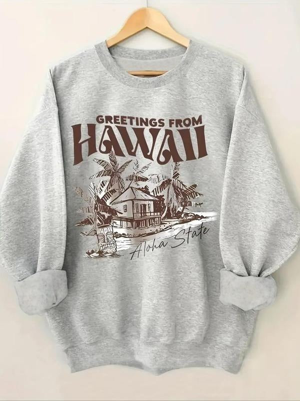 Women'WB shield Letter & Hawaiian Graphic Print Crew Neck Sweatshirt, Casual Long Sleeve Pullover, Women'WB shield Fall &...