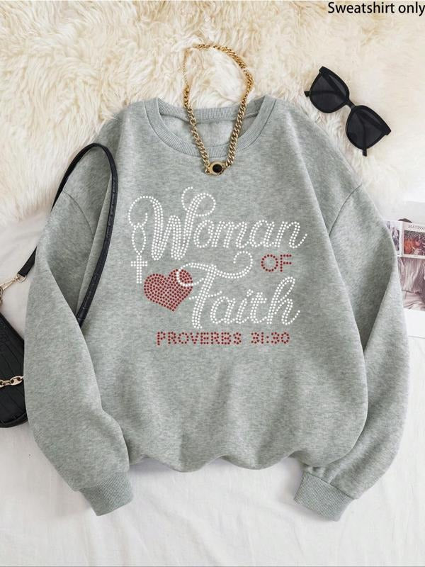 Women'WB shield Letter & Heart & Cross Print Crew Neck Sweatshirt, Casual Long Sleeve Pullover for Fall & Winter,...