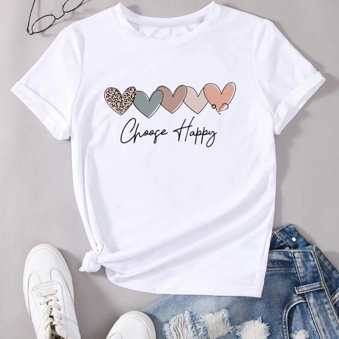 Women'WB shield Letter & Heart Graphic Print Round Neck Tee, Trendy Casual Short Sleeve T-shirt for Daily Wear, Ladies...