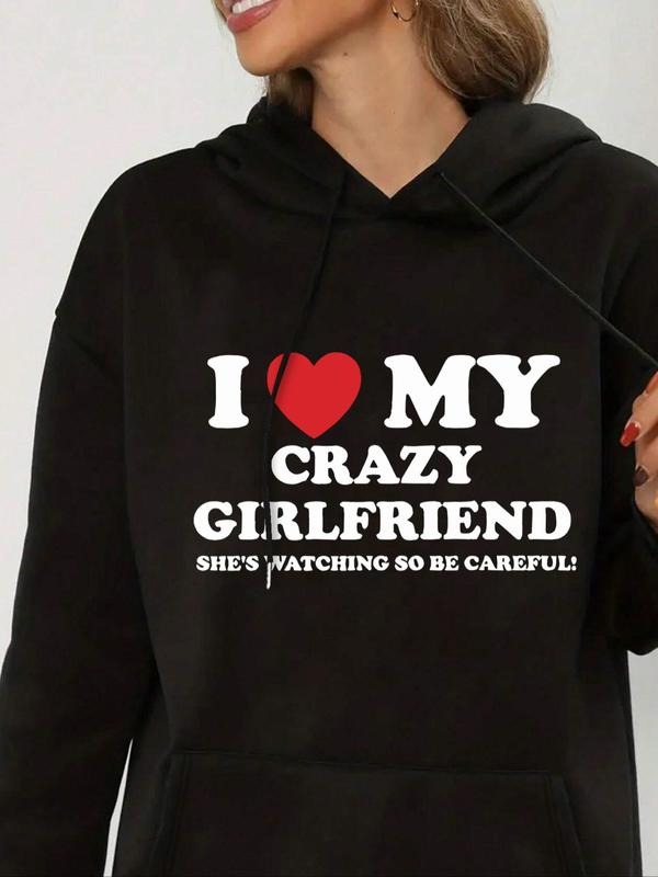 Women'WB shield Letter & Heart Print Drawstring Pocket Hoodie, Casual Drop Shoulder Long Sleeve Hooded Sweatshirt, Ladies...