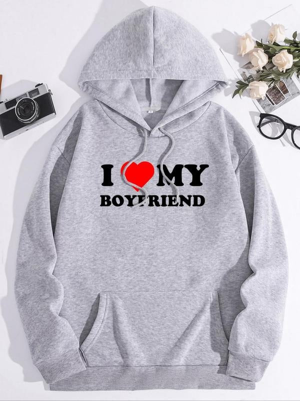 Women'WB shield Letter & Heart Print Drop Shoulder Hoodie, Fashion Casual Drawstring Pocket Hooded Sweatshirt for Daily...