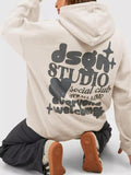 Women'WB shield Letter & Heart Print Drop Shoulder Hoodie, Fashion Casual Drawstring Pocket Hooded Sweatshirt for Daily...