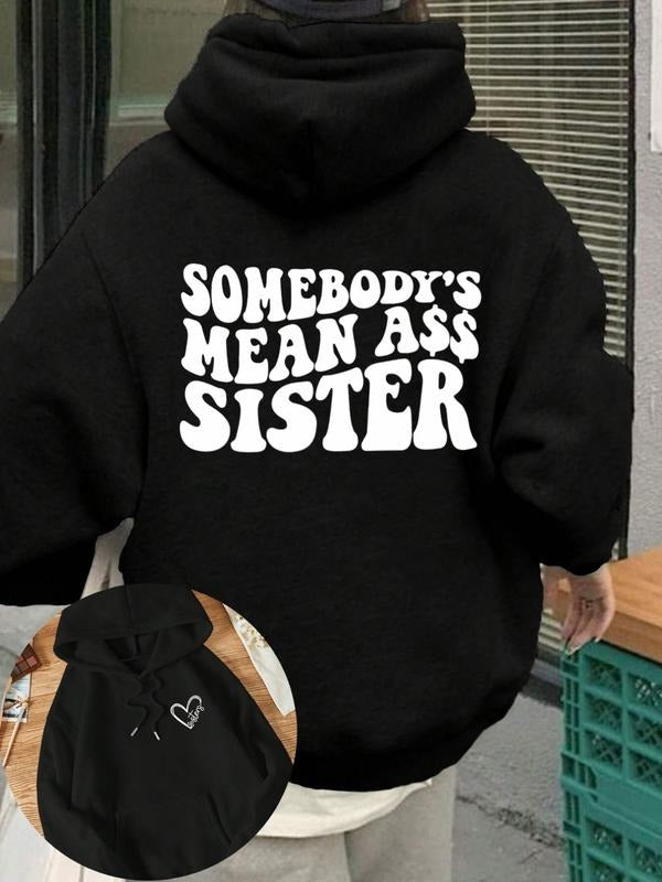 Women'WB shield Letter & Heart Print Drop Shoulder Hoodie, Fashion Casual Drawstring Pocket Hooded Sweatshirt for Daily...