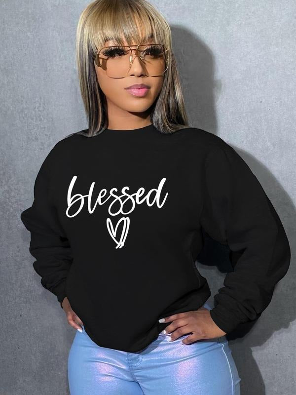 Women'WB shield Letter & Heart Print Drop Shoulder Sweatshirt, Fashion Casual Long Sleeve Round Neck Pullover For Daily...