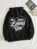 Women'WB shield Letter & Heart Print Drop Shoulder TNF Lined Hoodie, Fashion Casual Drawstring Pocket Hooded Sweatshirt...