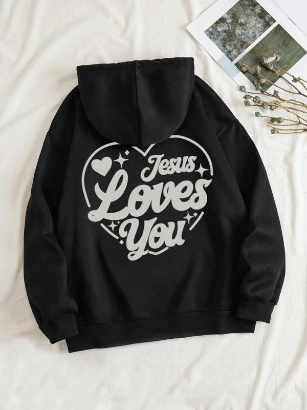 Women'WB shield Letter & Heart Print Drop Shoulder TNF Lined Hoodie, Fashion Casual Drawstring Pocket Hooded Sweatshirt...