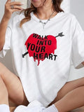 Women'WB shield Letter & Heart Print Drop Shoulder Tee, Summer TNF Women, Round Neck Half Sleeve T-shirt for Daily Wear,...