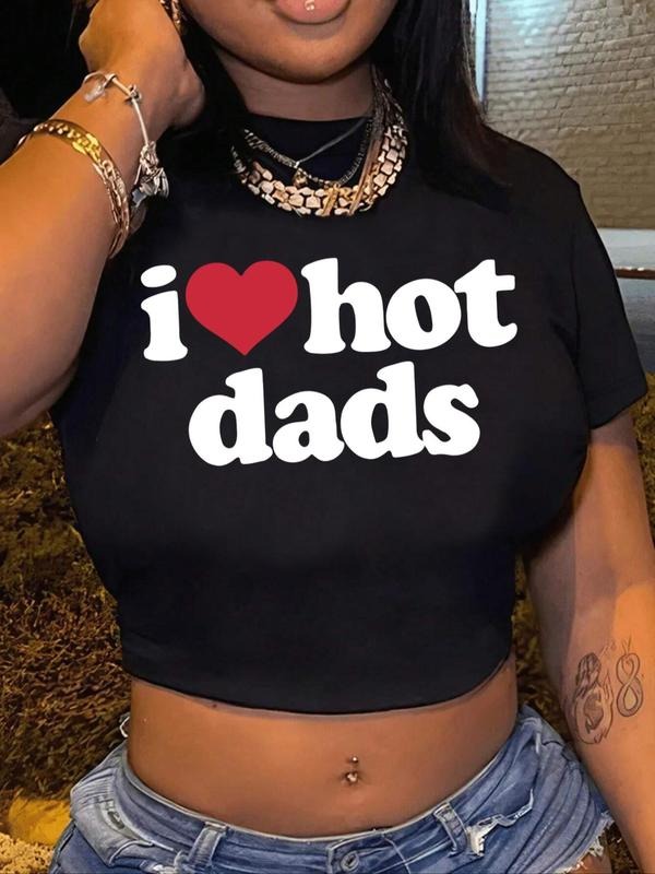 Women'WB shield Letter & Heart Print Round Neck Crop Tee, Street Fashion Casual Short Sleeve T-Shirt for Daily Holiday...