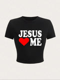 Women'WB shield Letter & Heart Print Round Neck Crop Tee, Trendy Casual Short Sleeve Crew Neck T-shirt for Daily Wear,...