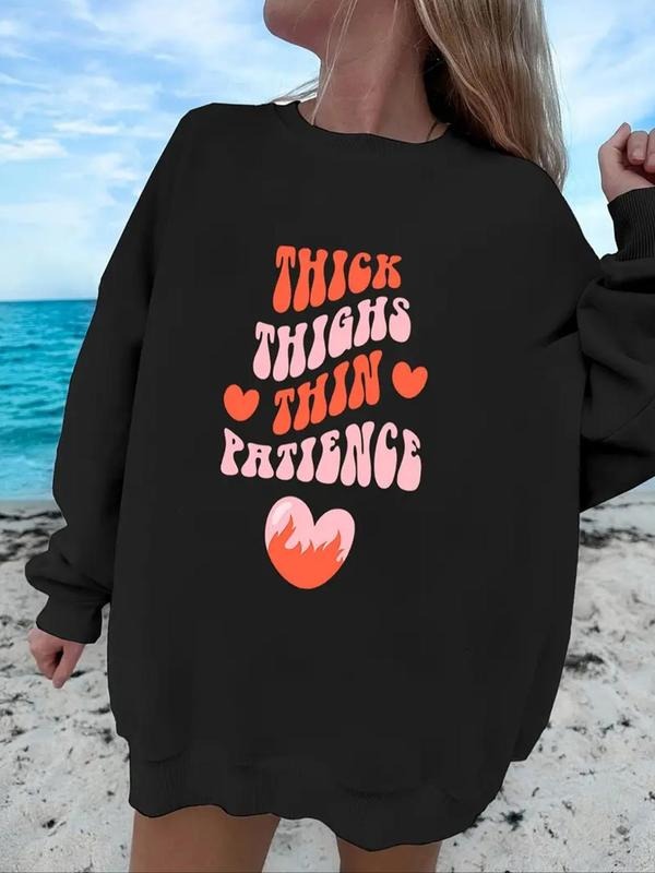Women'WB shield Letter & Heart Print Round Neck Drop Shoulder Sweatshirt, Casual Long Sleeve Pullover for Daily Wear,...