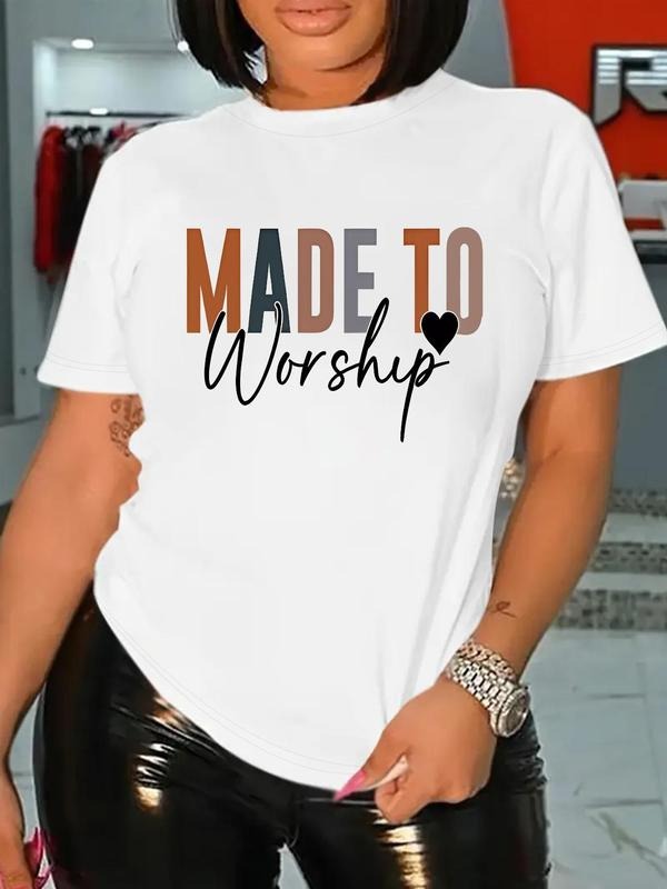 Women'WB shield Letter & Heart Print Round Neck Tee, Casual Short Sleeve Crew Neck T-shirt for Daily Wear, Women'WB...