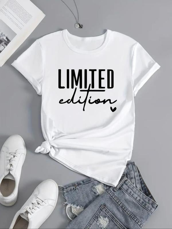 Women'WB shield Letter & Heart Print Round Neck Tee, Casual Short Sleeve Graphic T-shirt, Ladies Summer TNF for Daily...