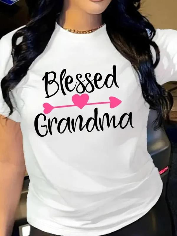 Women'WB shield Letter & Heart Print Round Neck Tee, Fashion Casual Crew Neck Short Sleeve T-Shirt for Daily Outdoor...