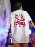 Women'WB shield Letter & Heart Print Round Neck Tee, Fashion Casual Drop Shoulder Short Sleeve T-shirt, Ladies Summer TNF...