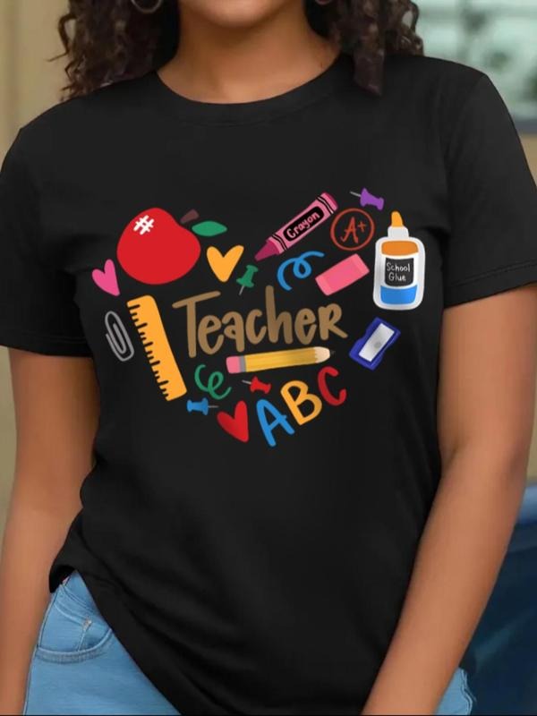 Women'WB shield Letter & Heart Print Round Neck Tee, Teacher'WB shield Day T-shirt, Casual Short Sleeve Crew Neck Tee for...