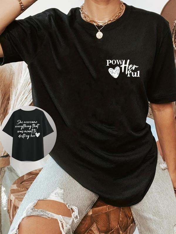 Women'WB shield Letter & Heart Print Round Neck Tee, Trendy Casual Drop Shoulder Short Sleeve T-shirt for Daily Wear,...