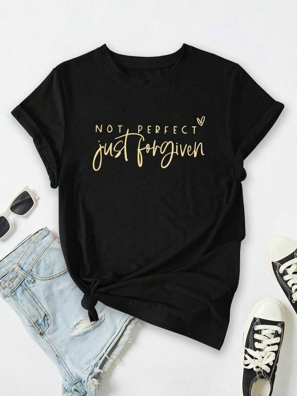 Women'WB shield Letter & Heart Print Round Neck Tee, Trendy Casual Graphic Short Sleeve T-Shirt for Daily Wear, Ladies...